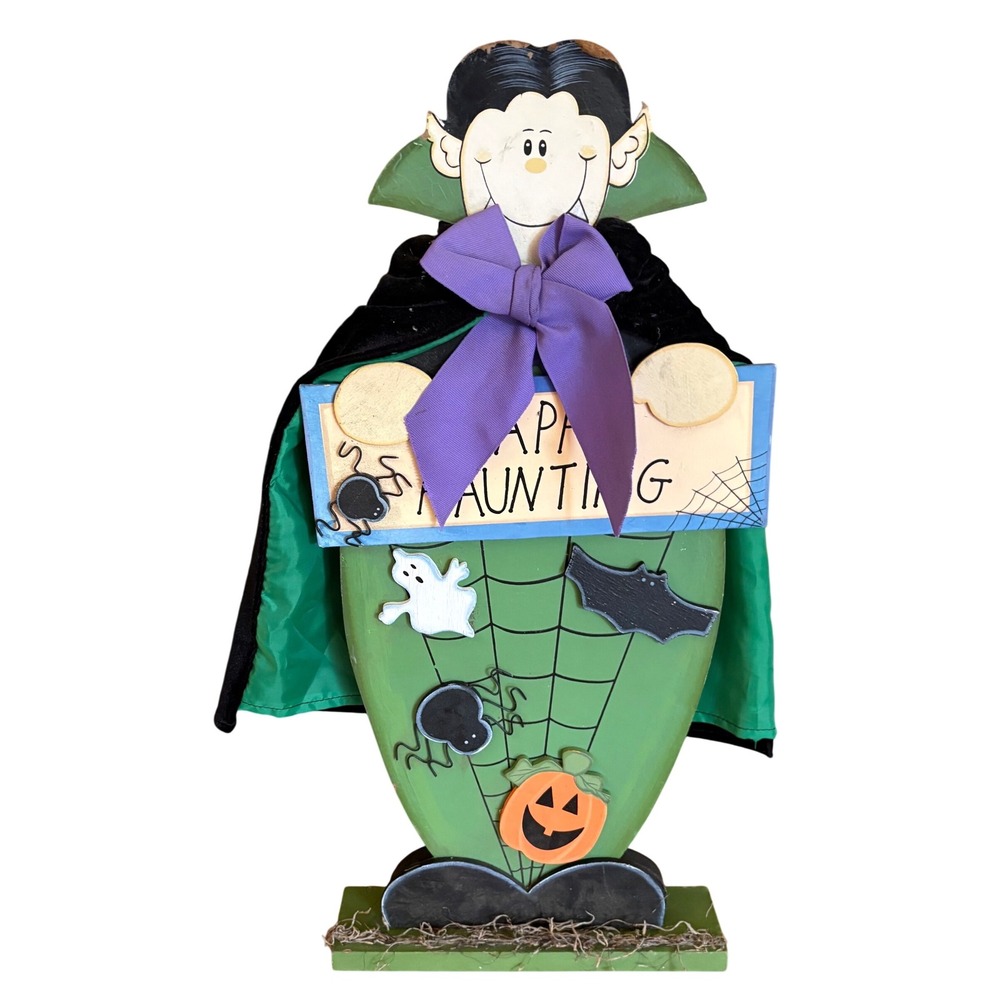 1990s Happy Haunting Dracula Halloween Wood Decoration Spider Web Ghost 21" Tall